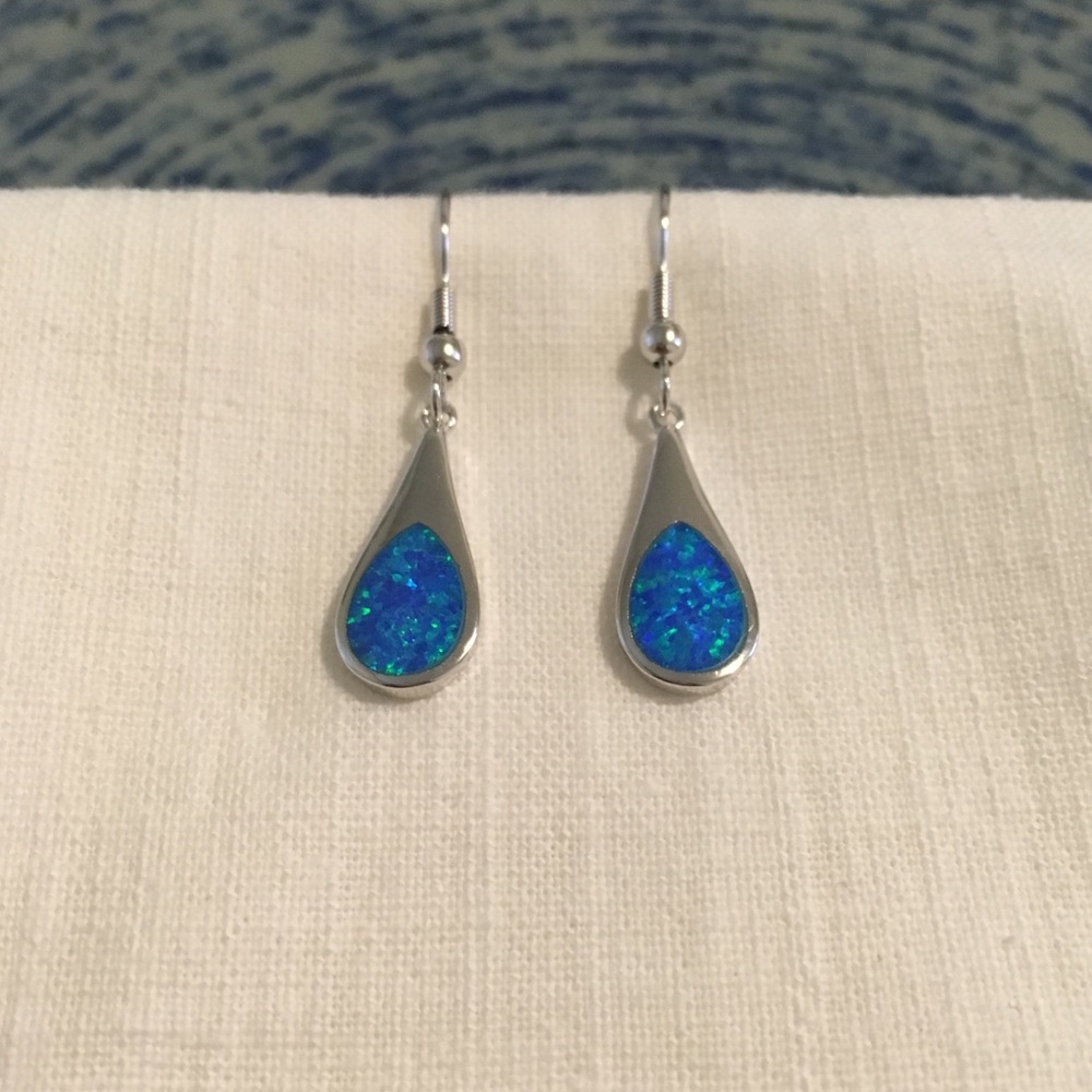 925 minimalist boho silver fire blue opal earrings